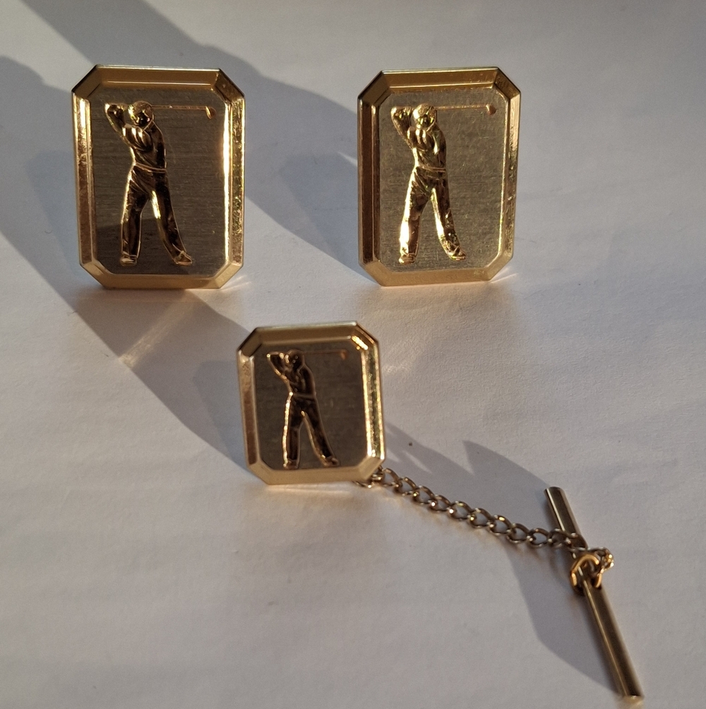 Vintage Gold Golfer Cufflinks and Tie Tack Set